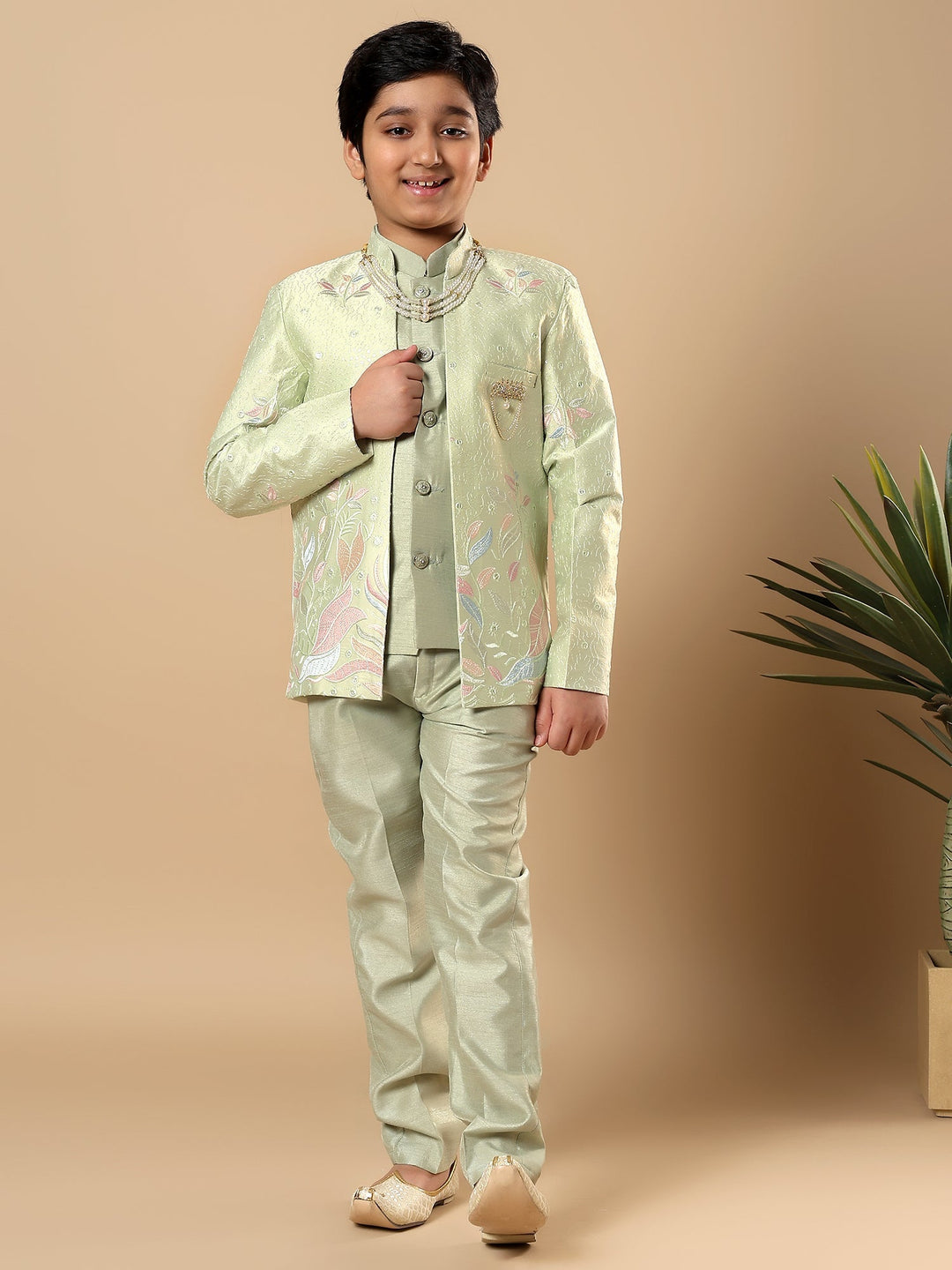 Boys Cotton Silk Floral Vine Embroidered Sherwani & Trouser Set with Jacket - Pista Green | SHOBITAM