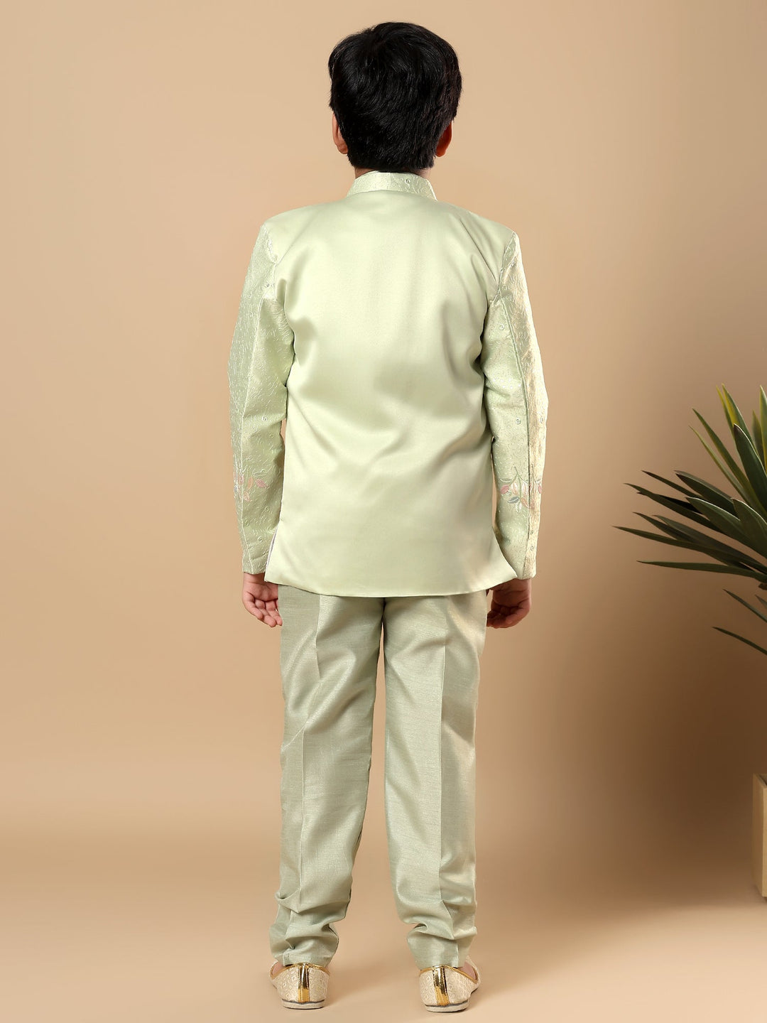 Boys Cotton Silk Floral Vine Embroidered Sherwani & Trouser Set with Jacket - Pista Green | SHOBITAM