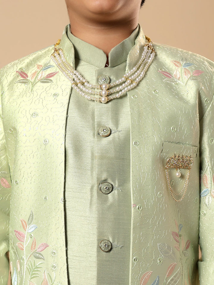 Boys Cotton Silk Floral Vine Embroidered Sherwani & Trouser Set with Jacket - Pista Green | SHOBITAM