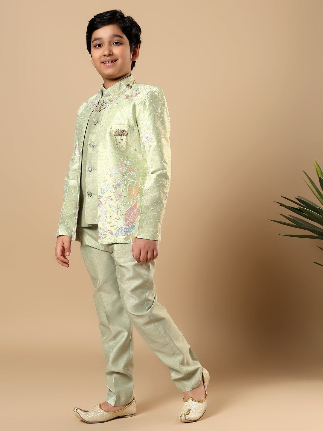 Boys Cotton Silk Floral Vine Embroidered Sherwani & Trouser Set with Jacket - Pista Green | SHOBITAM