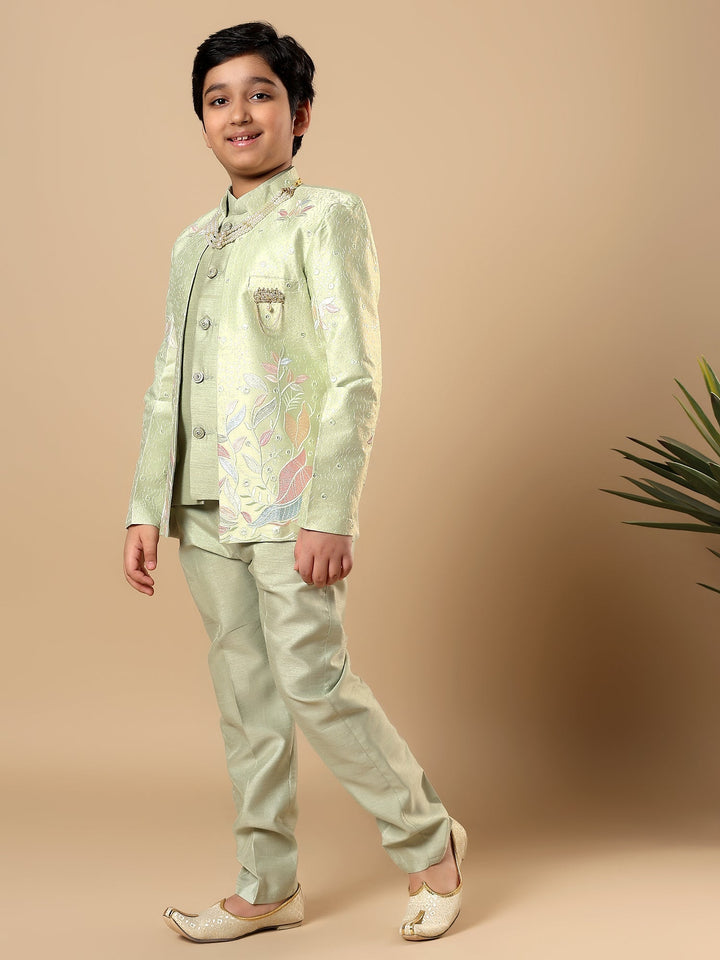 Boys Cotton Silk Floral Vine Embroidered Sherwani & Trouser Set with Jacket - Pista Green | SHOBITAM