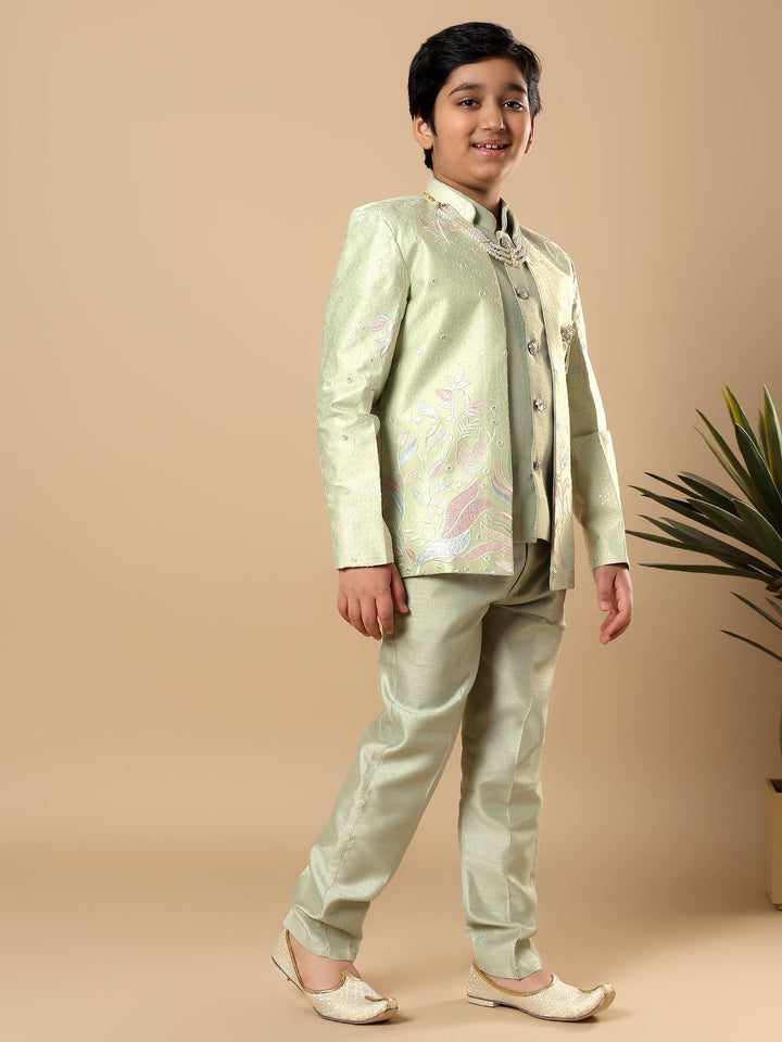 Boys Cotton Silk Floral Vine Embroidered Sherwani & Trouser Set with Jacket - Pista Green | SHOBITAM