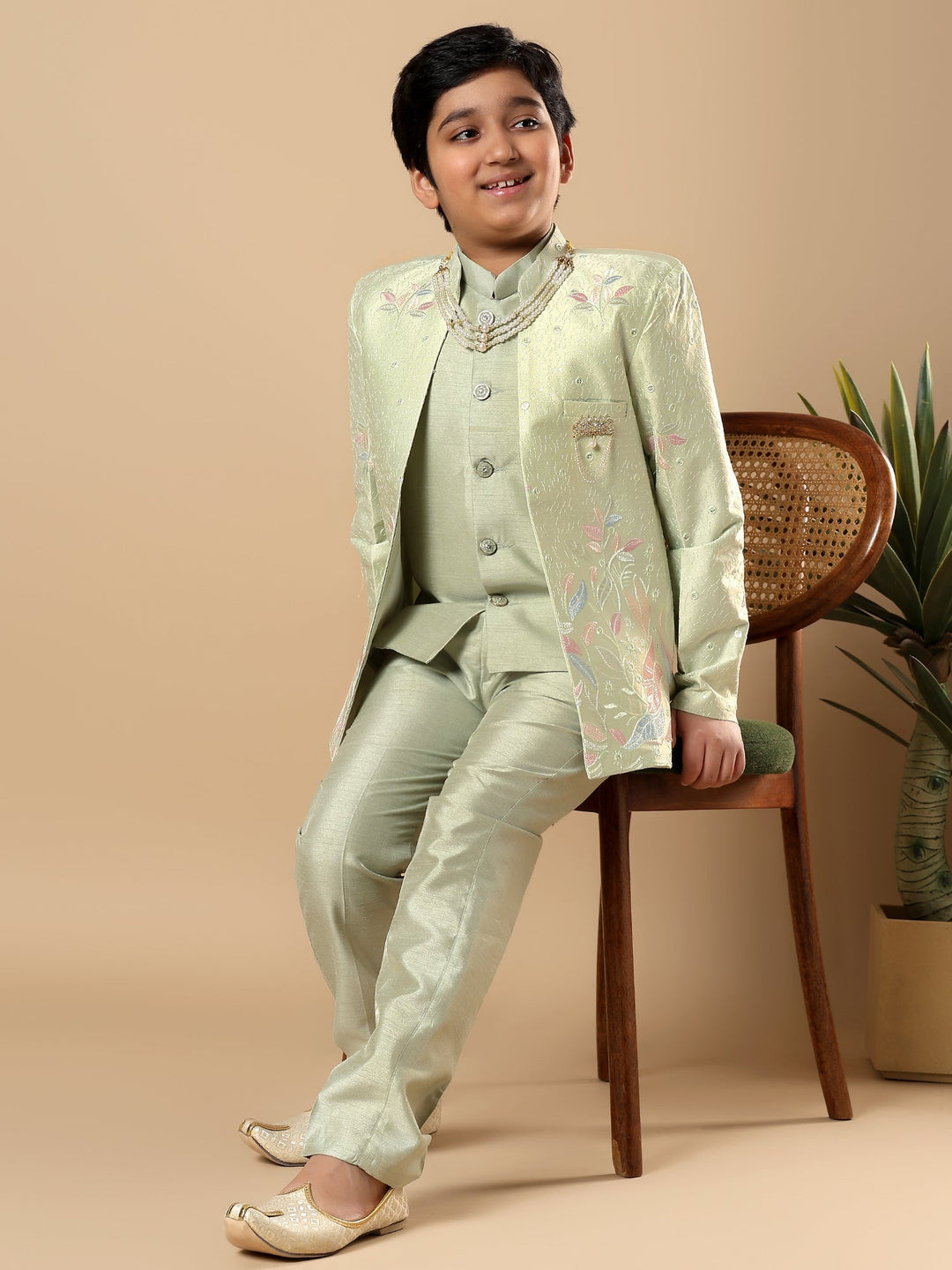 Boys Cotton Silk Floral Vine Embroidered Sherwani & Trouser Set with Jacket - Pista Green | SHOBITAM