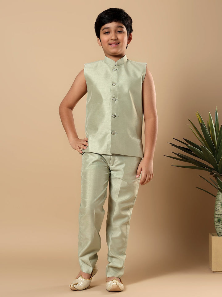 Boys Cotton Silk Floral Vine Embroidered Sherwani & Trouser Set with Jacket - Pista Green | SHOBITAM