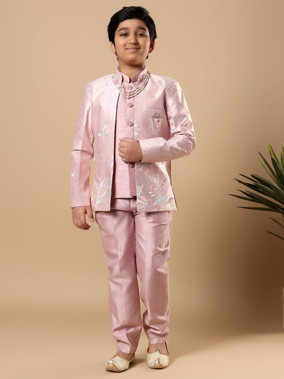 Boys Cotton Silk Floral Vine Embroidered Sherwani & Trouser Set with Jacket - Onion Pink | SHOBITAM