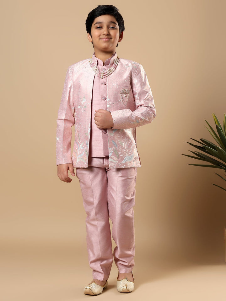 Boys Cotton Silk Floral Vine Embroidered Sherwani & Trouser Set with Jacket - Onion Pink | SHOBITAM