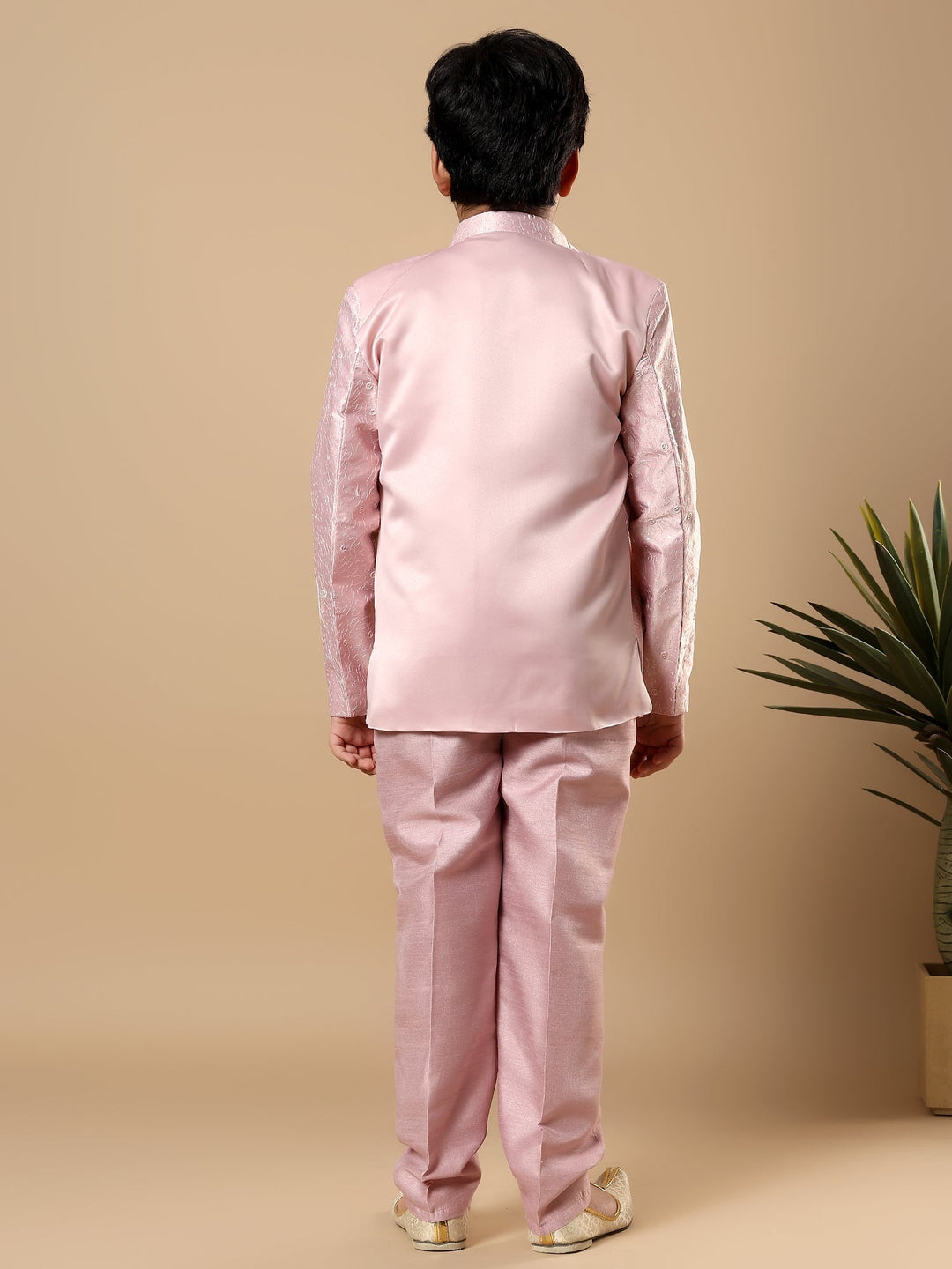 Boys Cotton Silk Floral Vine Embroidered Sherwani & Trouser Set with Jacket - Onion Pink | SHOBITAM