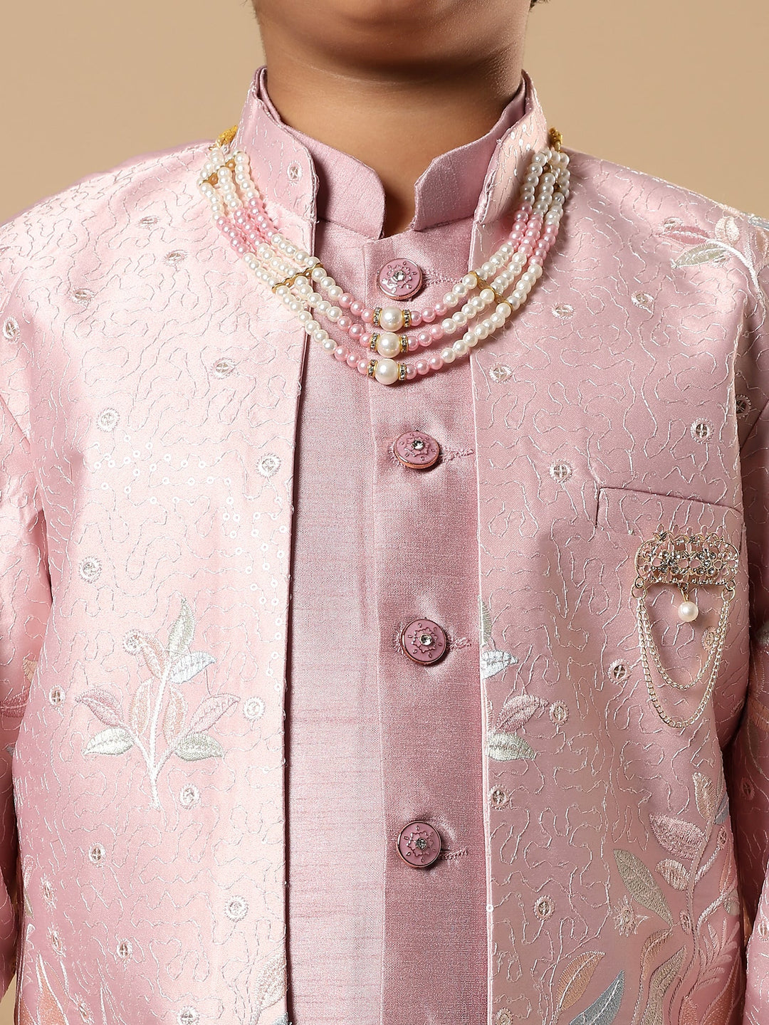 Boys Cotton Silk Floral Vine Embroidered Sherwani & Trouser Set with Jacket - Onion Pink | SHOBITAM