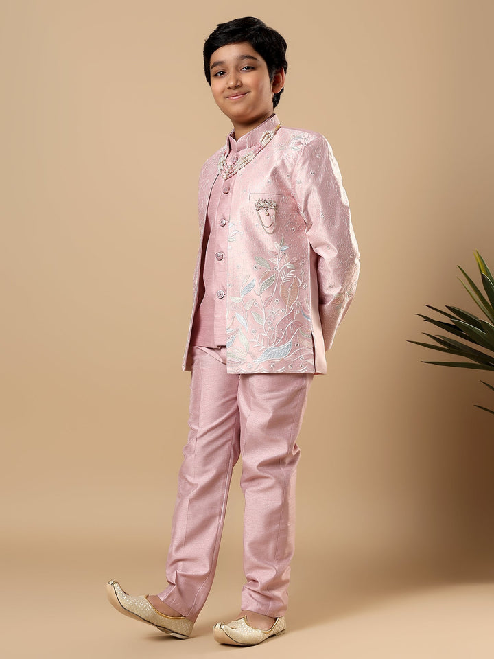 Boys Cotton Silk Floral Vine Embroidered Sherwani & Trouser Set with Jacket - Onion Pink | SHOBITAM