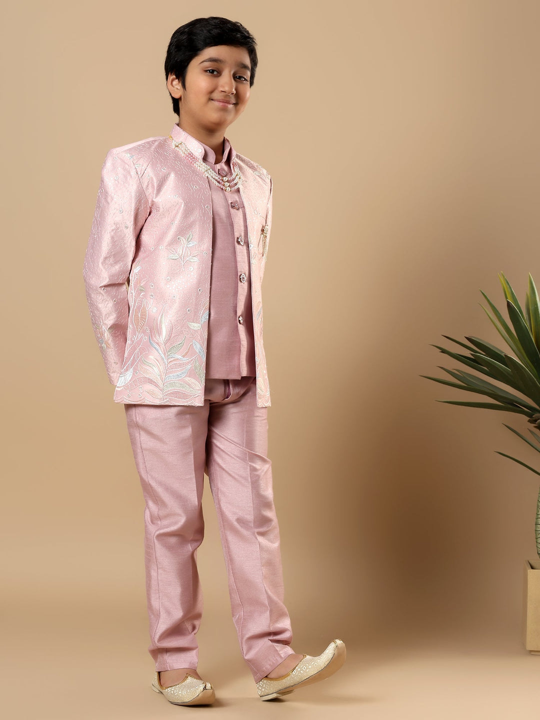 Boys Cotton Silk Floral Vine Embroidered Sherwani & Trouser Set with Jacket - Onion Pink | SHOBITAM