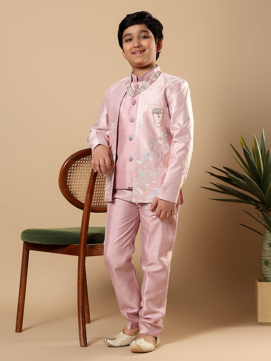 Boys Cotton Silk Floral Vine Embroidered Sherwani & Trouser Set with Jacket - Onion Pink | SHOBITAM