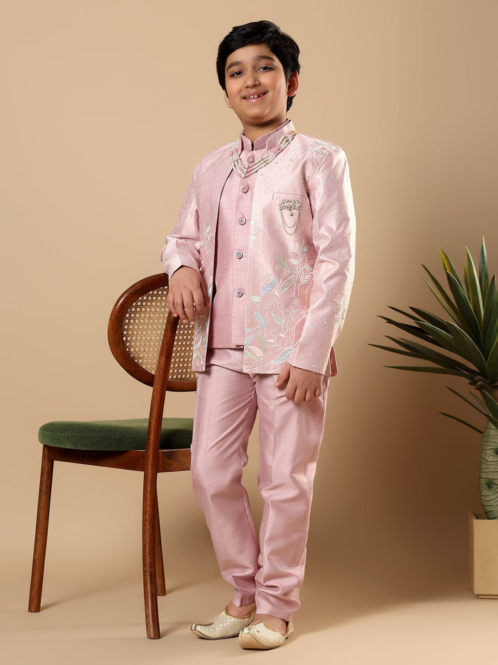 Boys Cotton Silk Floral Vine Embroidered Sherwani & Trouser Set with Jacket - Onion Pink | SHOBITAM