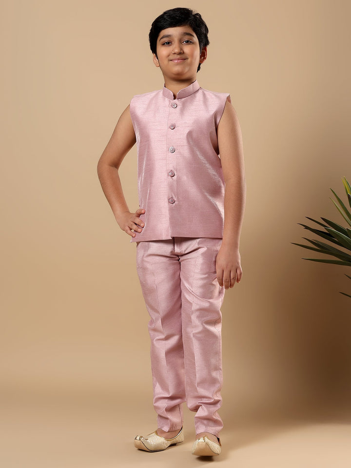 Boys Cotton Silk Floral Vine Embroidered Sherwani & Trouser Set with Jacket - Onion Pink | SHOBITAM