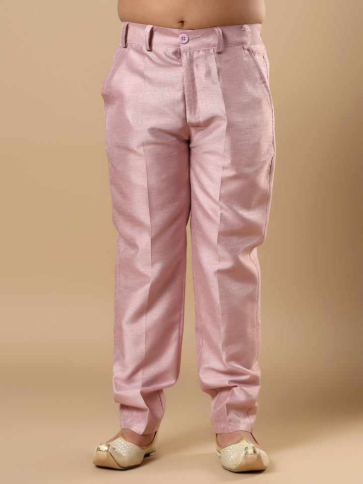 Boys Cotton Silk Floral Vine Embroidered Sherwani & Trouser Set with Jacket - Onion Pink | SHOBITAM