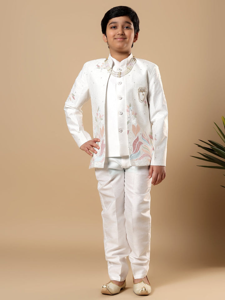 Boys Cotton Silk Floral Vine Embroidered Sherwani & Trouser Set with Jacket - White | SHOBITAM