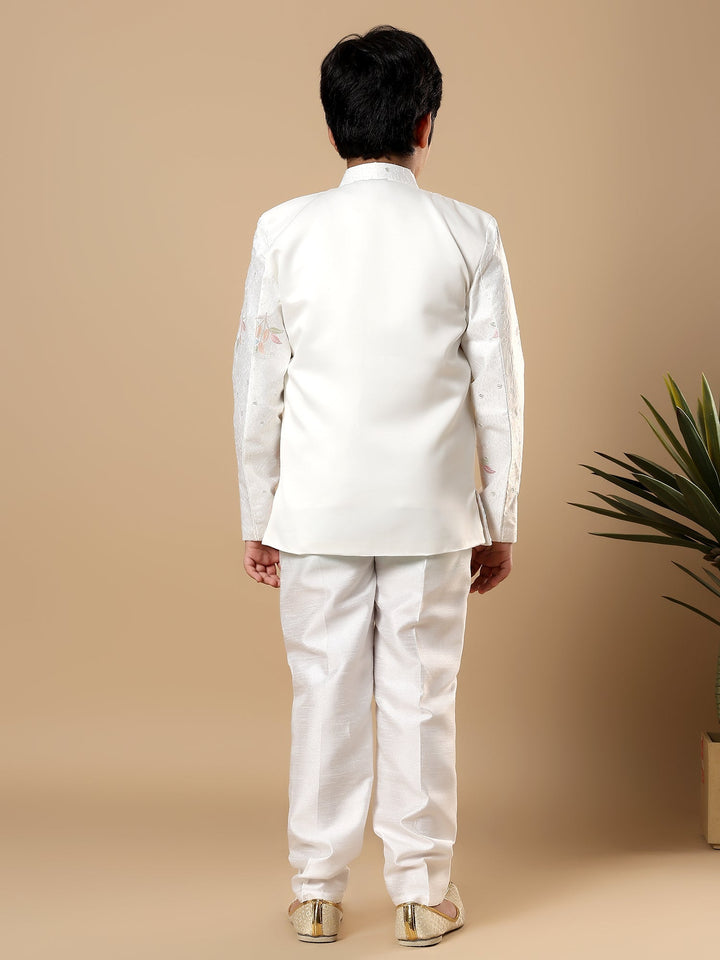 Boys Cotton Silk Floral Vine Embroidered Sherwani & Trouser Set with Jacket - White | SHOBITAM