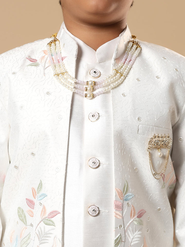 Boys Cotton Silk Floral Vine Embroidered Sherwani & Trouser Set with Jacket - White | SHOBITAM
