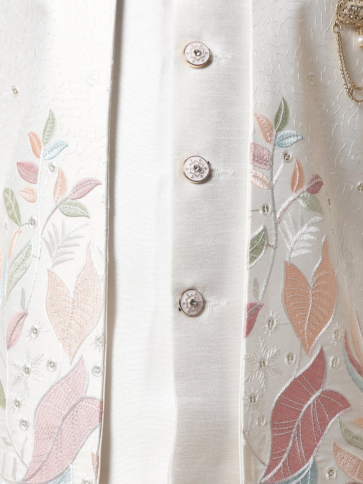 Boys Cotton Silk Floral Vine Embroidered Sherwani & Trouser Set with Jacket - White | SHOBITAM