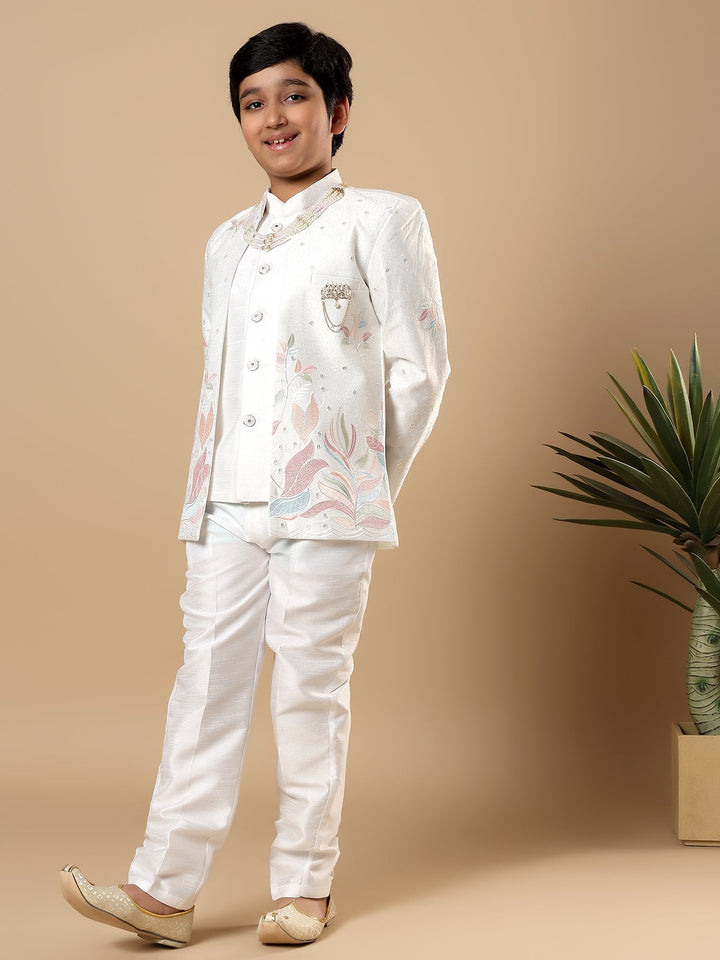 Boys Cotton Silk Floral Vine Embroidered Sherwani & Trouser Set with Jacket - White | SHOBITAM