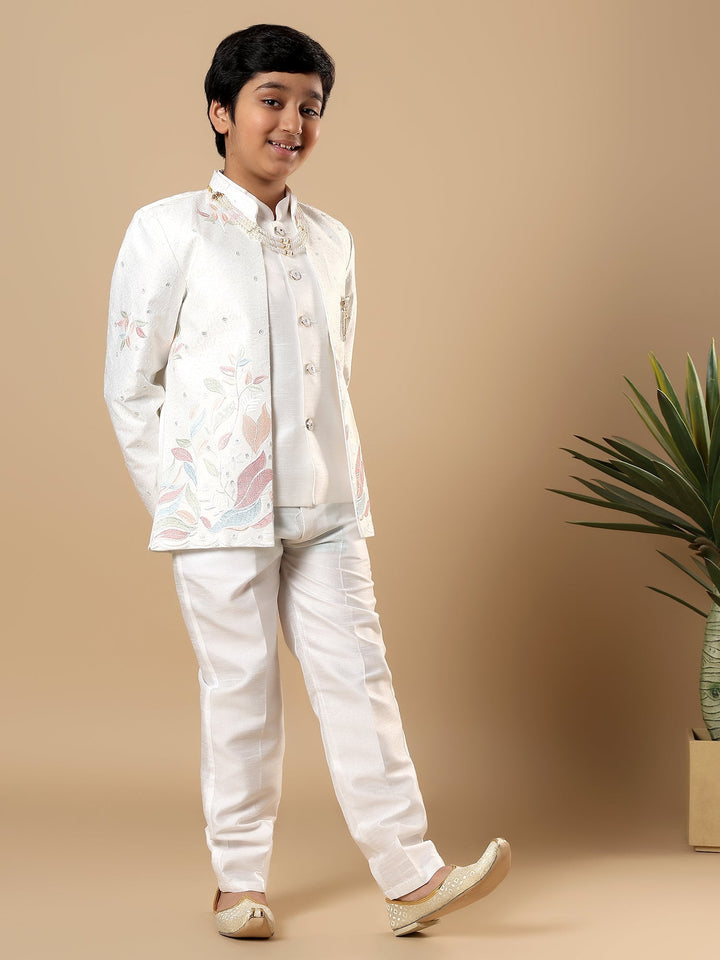 Boys Cotton Silk Floral Vine Embroidered Sherwani & Trouser Set with Jacket - White | SHOBITAM