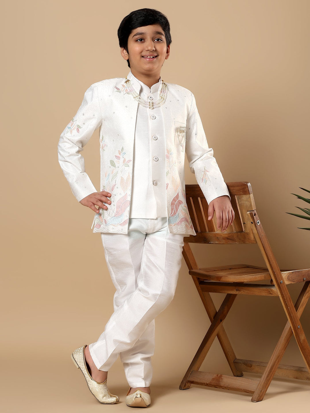 Boys Cotton Silk Floral Vine Embroidered Sherwani & Trouser Set with Jacket - White | SHOBITAM