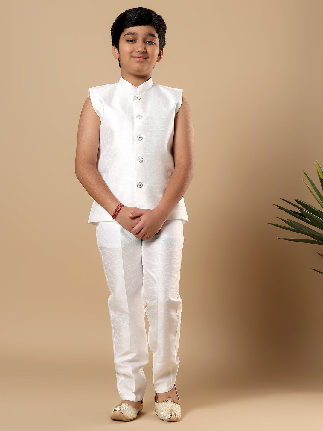 Boys Cotton Silk Floral Vine Embroidered Sherwani & Trouser Set with Jacket - White | SHOBITAM