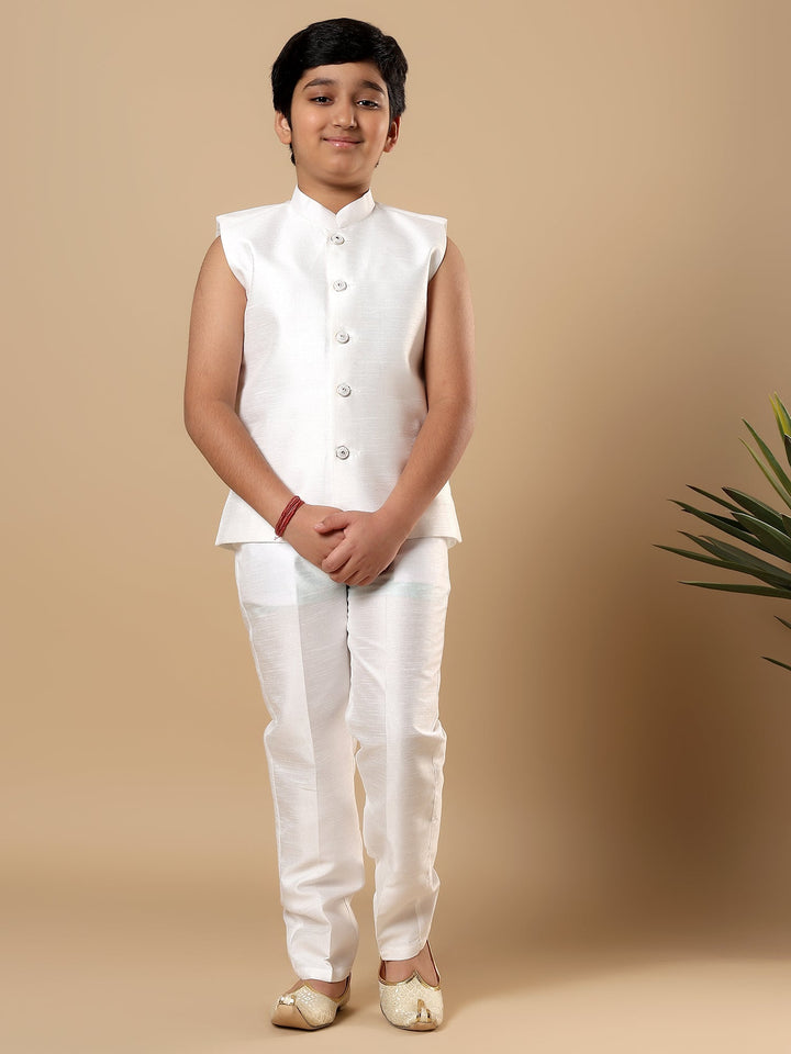 Boys Cotton Silk Floral Vine Embroidered Sherwani & Trouser Set with Jacket - White | SHOBITAM