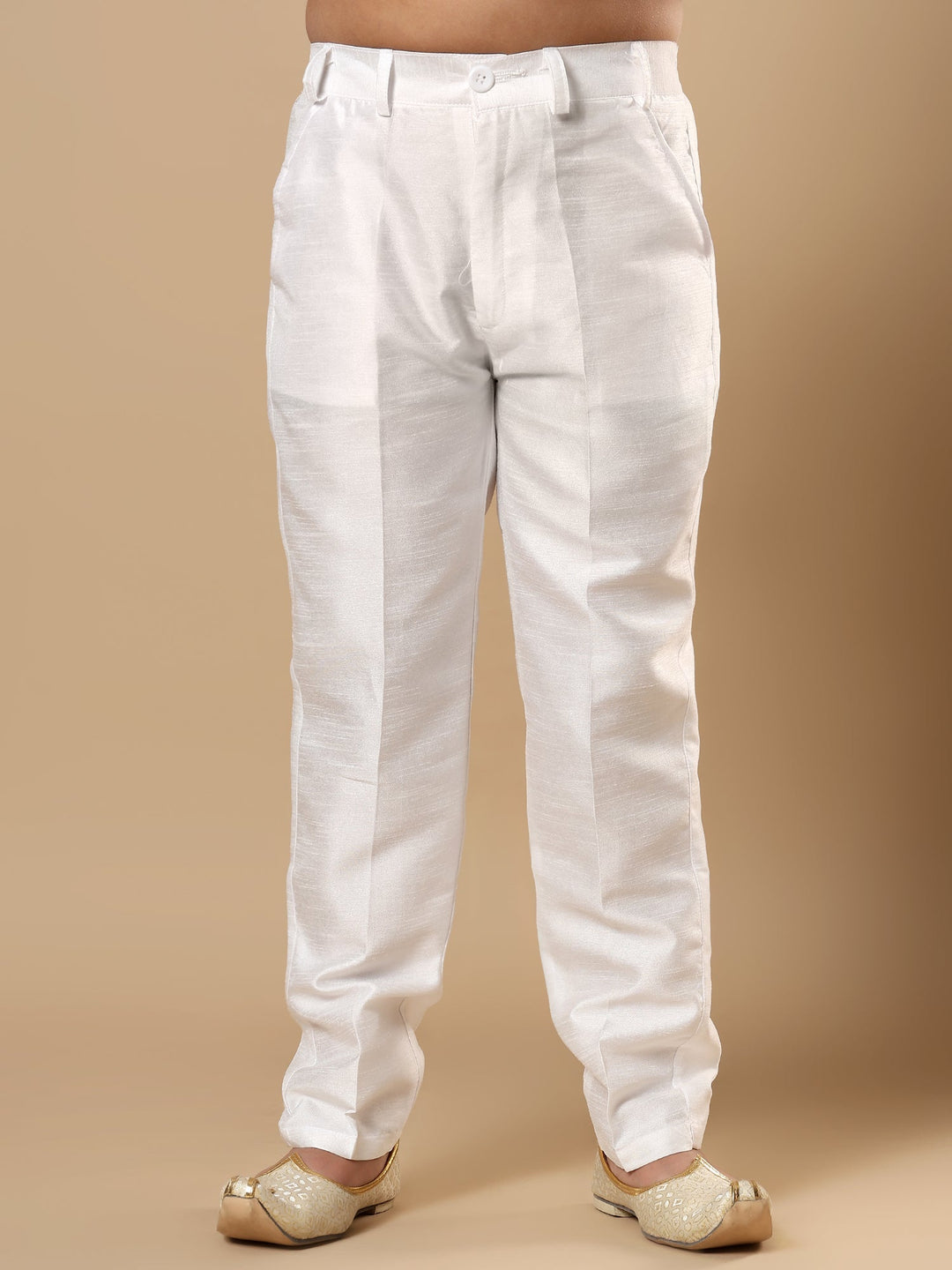 Boys Cotton Silk Floral Vine Embroidered Sherwani & Trouser Set with Jacket - White | SHOBITAM