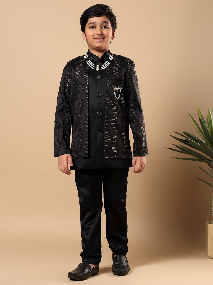 Boys Satin Wavy Embroidered Sequined Sherwani Set with Trousers, Jacket and Necklace - Black | SHOBITAM