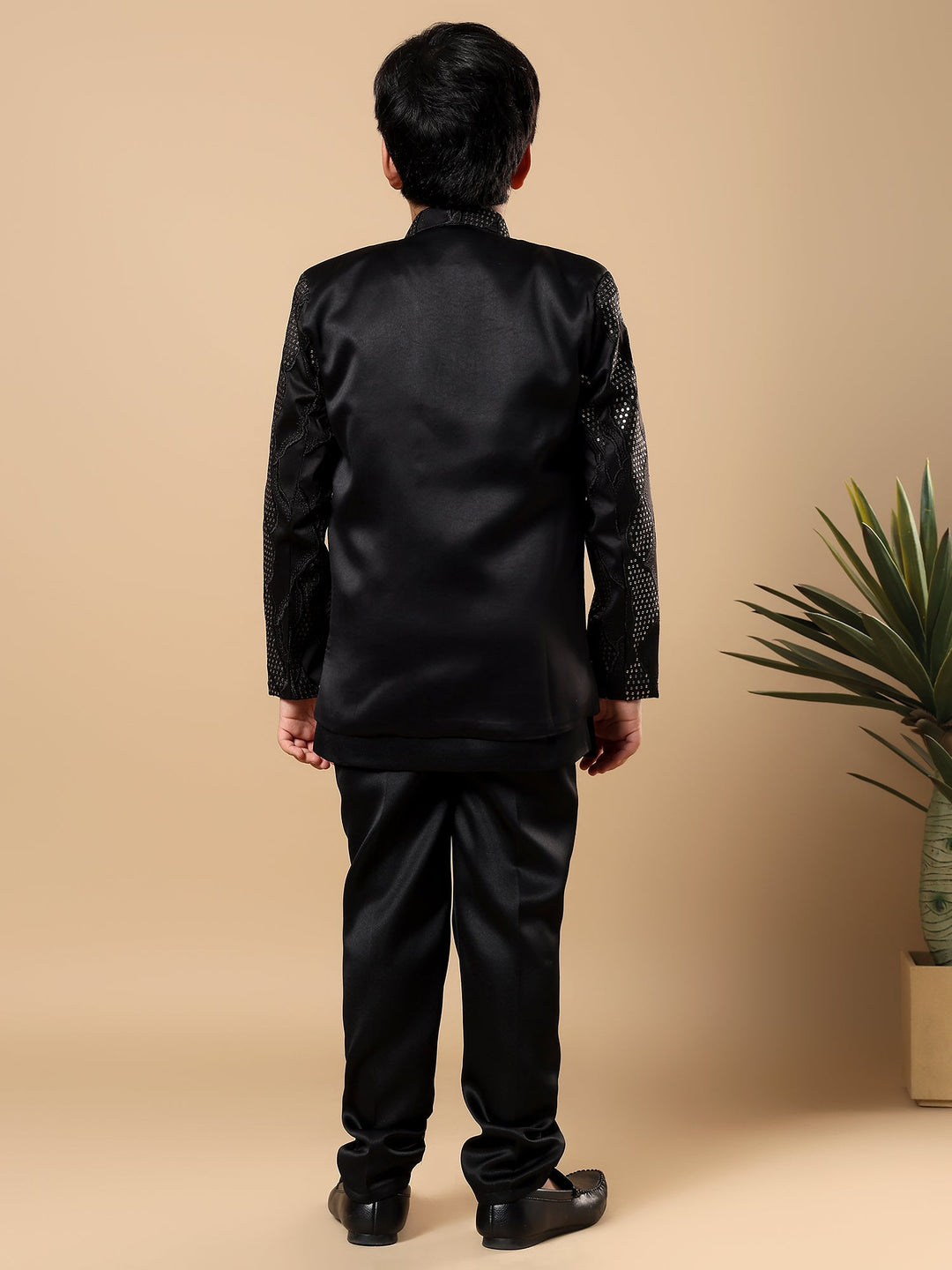 Boys Satin Wavy Embroidered Sequined Sherwani Set with Trousers, Jacket and Necklace - Black | SHOBITAM