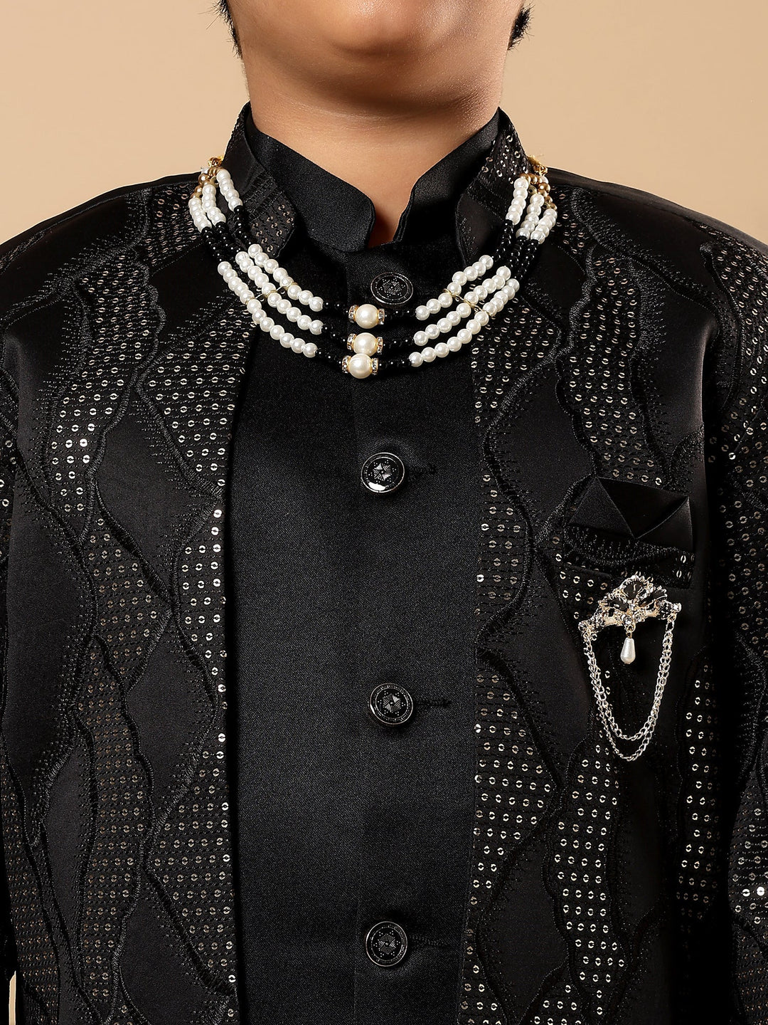 Boys Satin Wavy Embroidered Sequined Sherwani Set with Trousers, Jacket and Necklace - Black | SHOBITAM