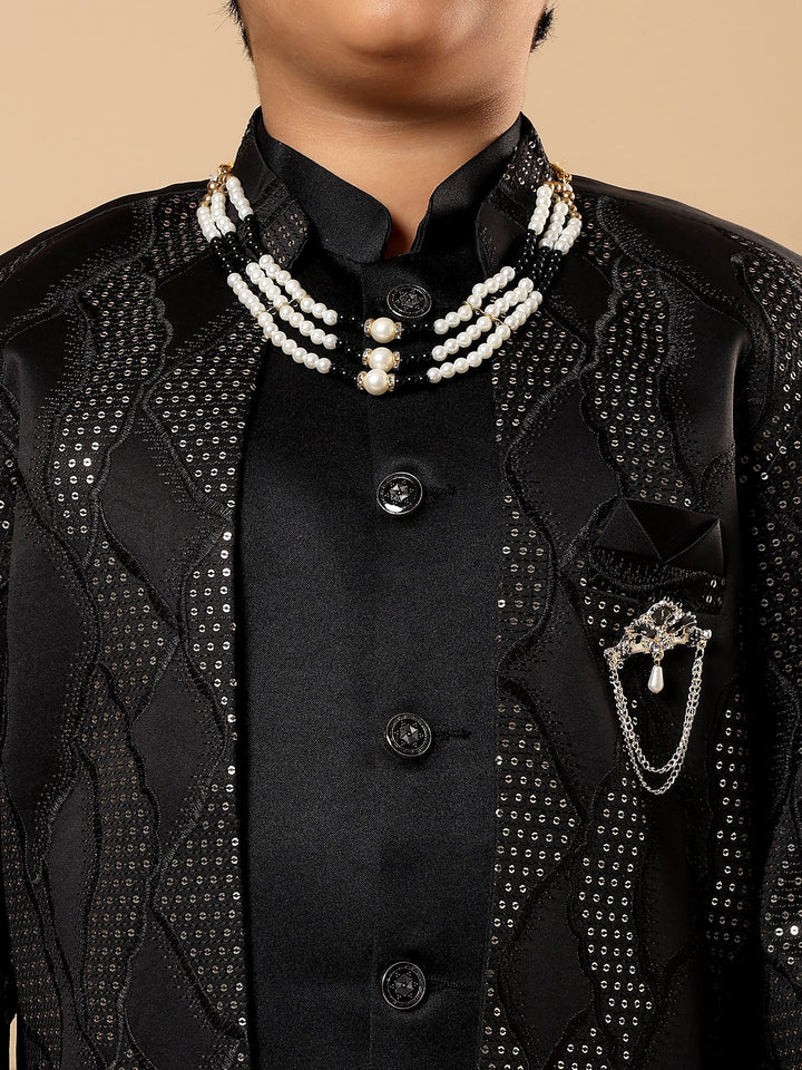 Boys Satin Wavy Embroidered Sequined Sherwani Set with Trousers, Jacket and Necklace - Black | SHOBITAM