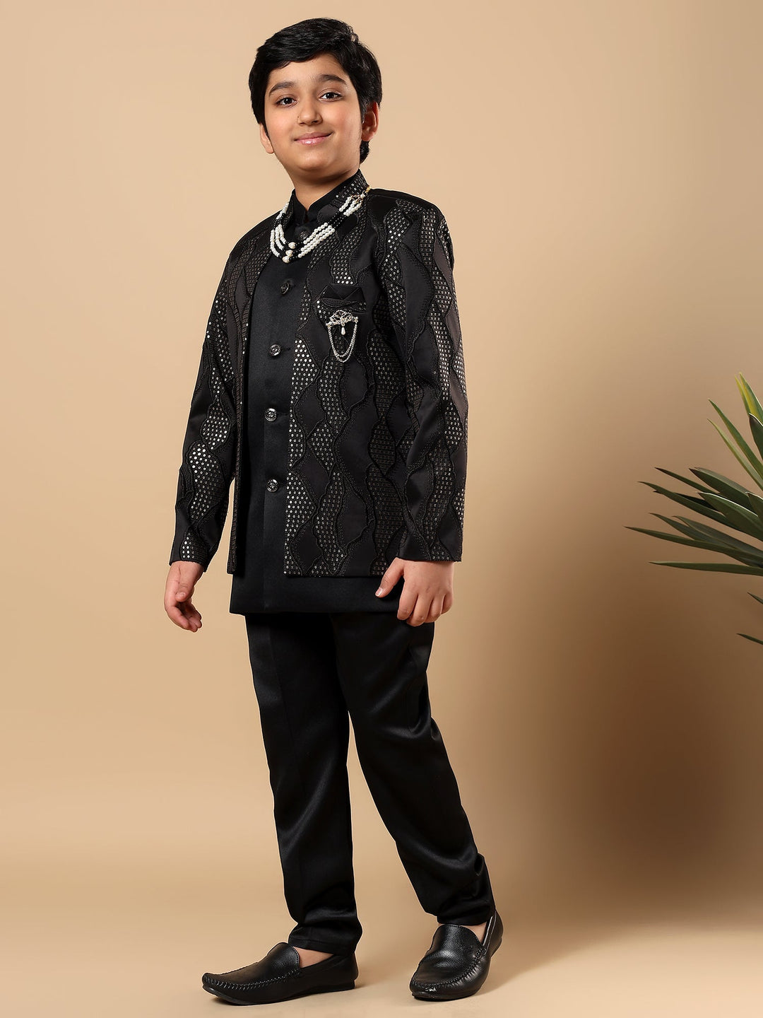Boys Satin Wavy Embroidered Sequined Sherwani Set with Trousers, Jacket and Necklace - Black | SHOBITAM