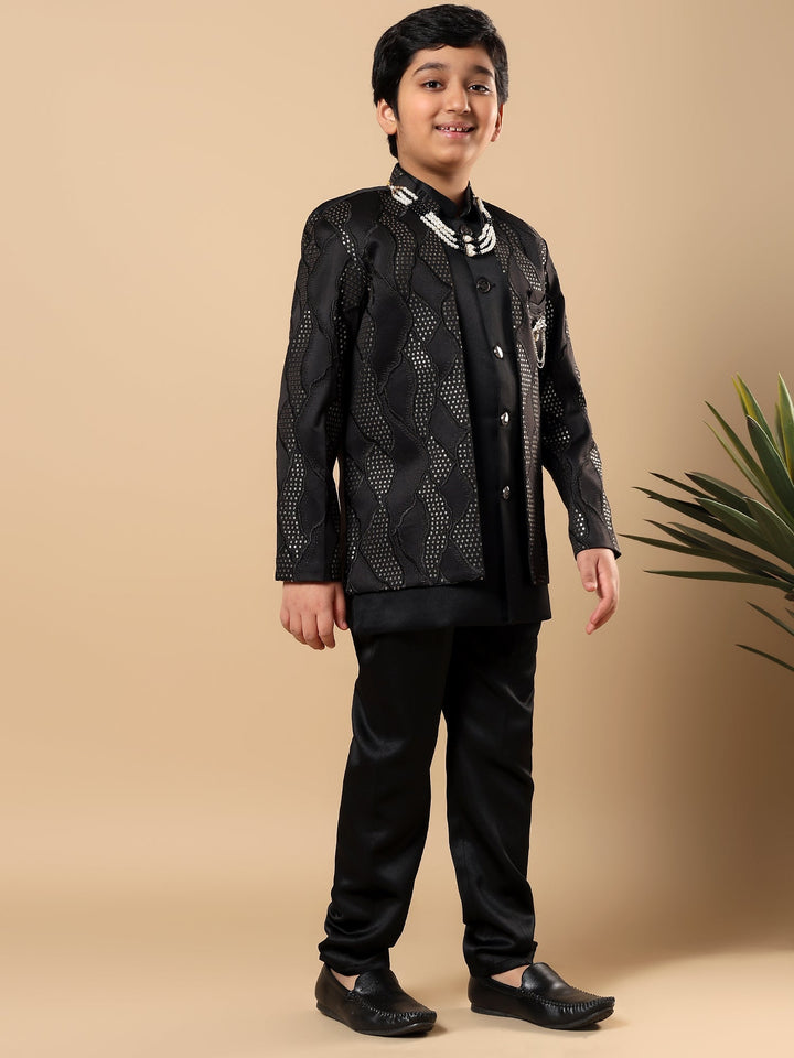 Boys Satin Wavy Embroidered Sequined Sherwani Set with Trousers, Jacket and Necklace - Black | SHOBITAM