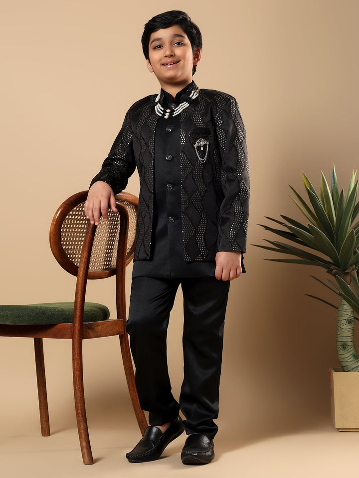 Boys Satin Wavy Embroidered Sequined Sherwani Set with Trousers, Jacket and Necklace - Black | SHOBITAM