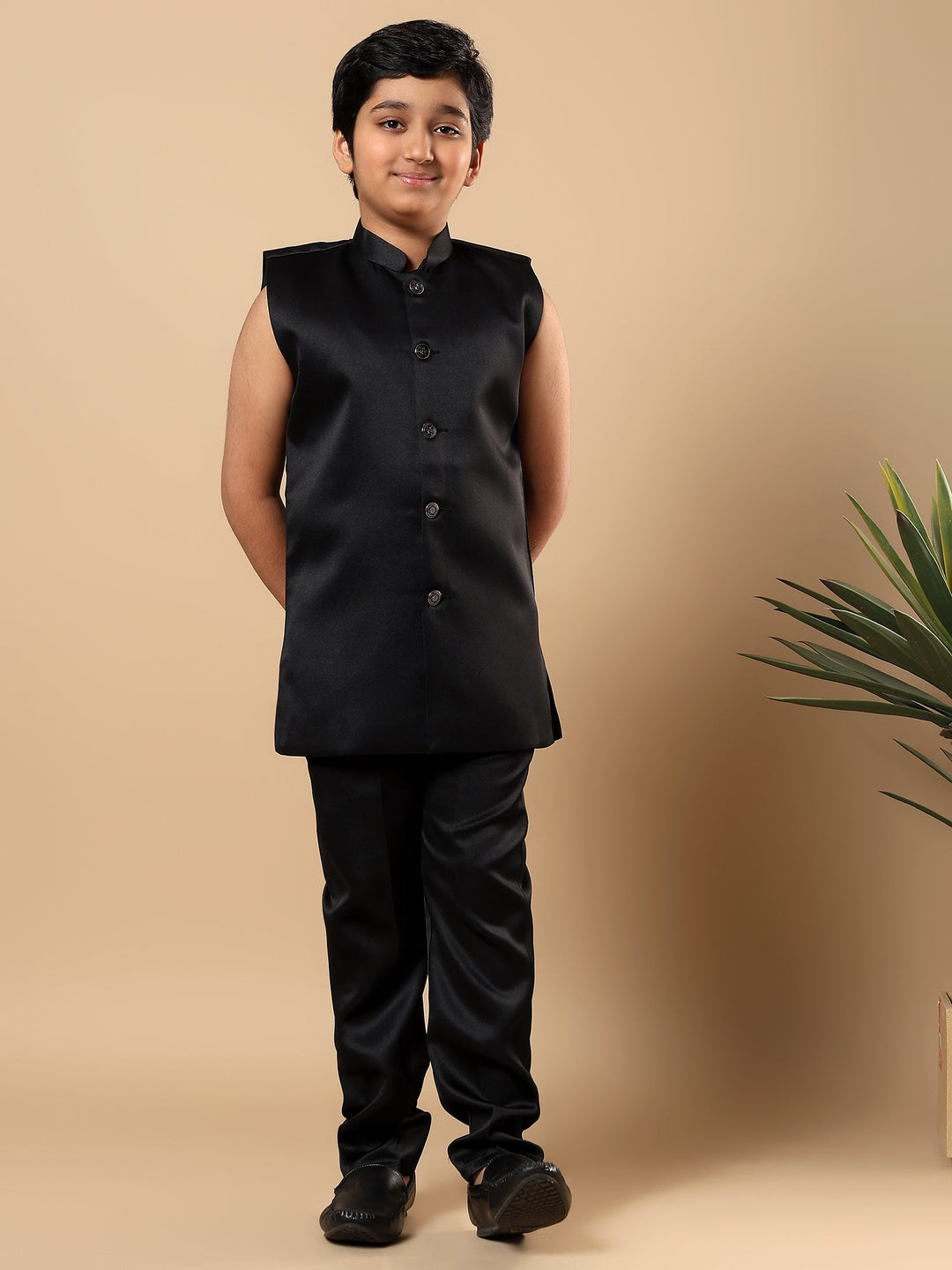 Boys Satin Wavy Embroidered Sequined Sherwani Set with Trousers, Jacket and Necklace - Black | SHOBITAM