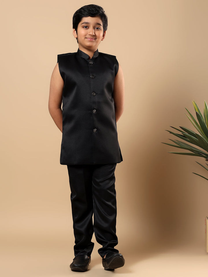 Boys Satin Wavy Embroidered Sequined Sherwani Set with Trousers, Jacket and Necklace - Black | SHOBITAM
