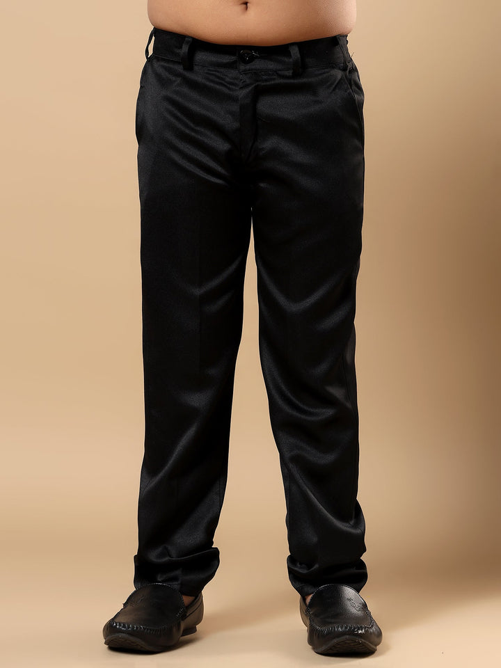 Boys Satin Wavy Embroidered Sequined Sherwani Set with Trousers, Jacket and Necklace - Black | SHOBITAM
