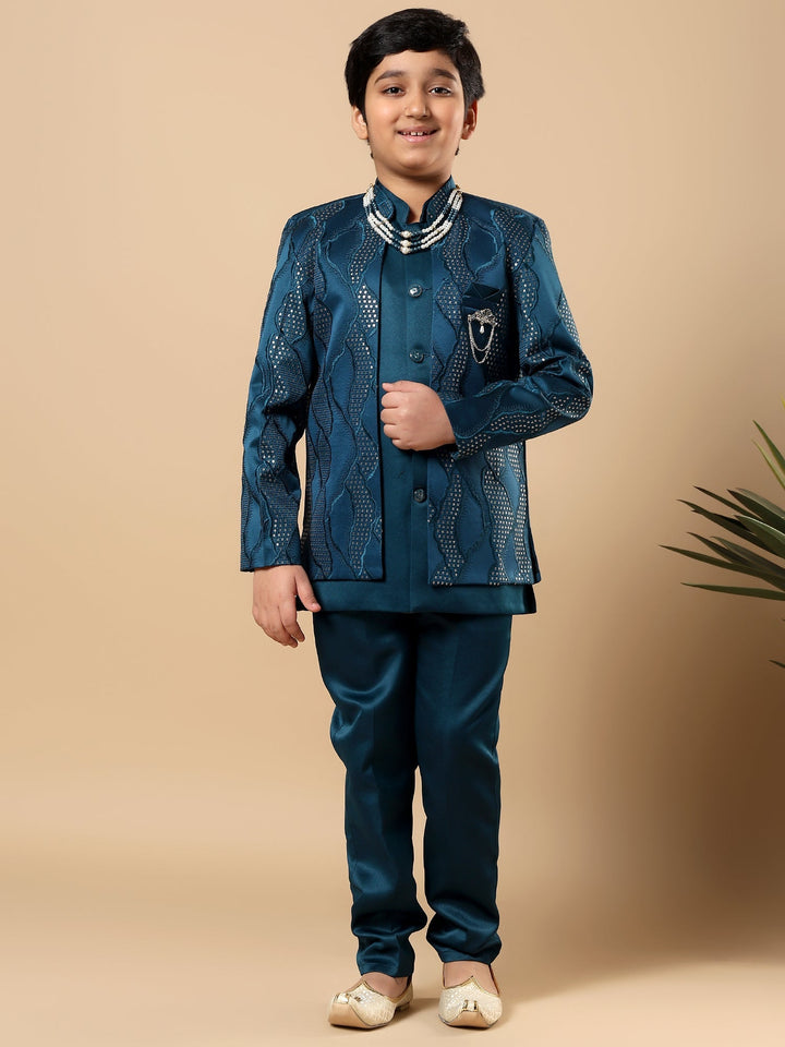 Boys Satin Wavy Embroidered Sequined Sherwani Set with Trousers, Jacket and Necklace - Teal Blue | SHOBITAM