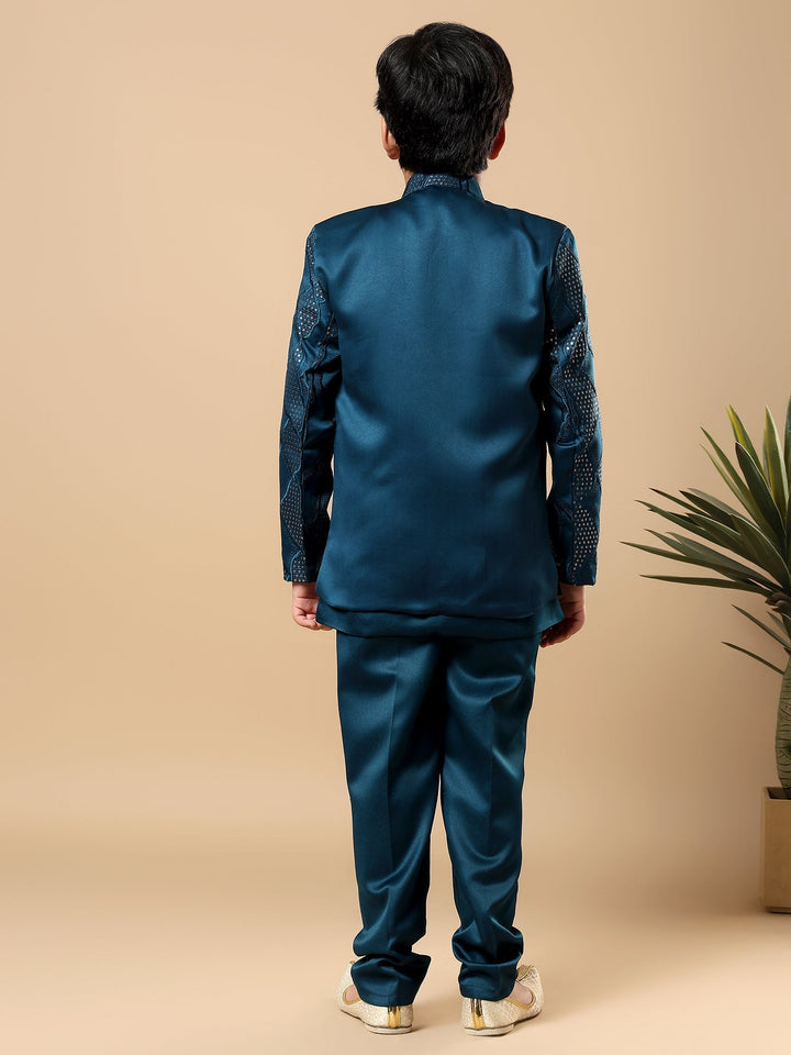 Boys Satin Wavy Embroidered Sequined Sherwani Set with Trousers, Jacket and Necklace - Teal Blue | SHOBITAM