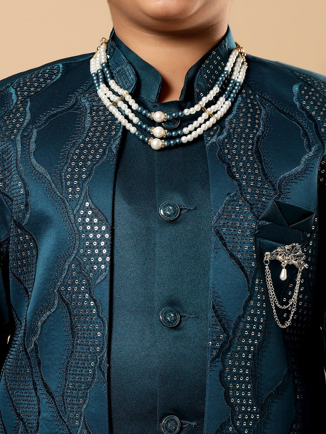 Boys Satin Wavy Embroidered Sequined Sherwani Set with Trousers, Jacket and Necklace - Teal Blue | SHOBITAM