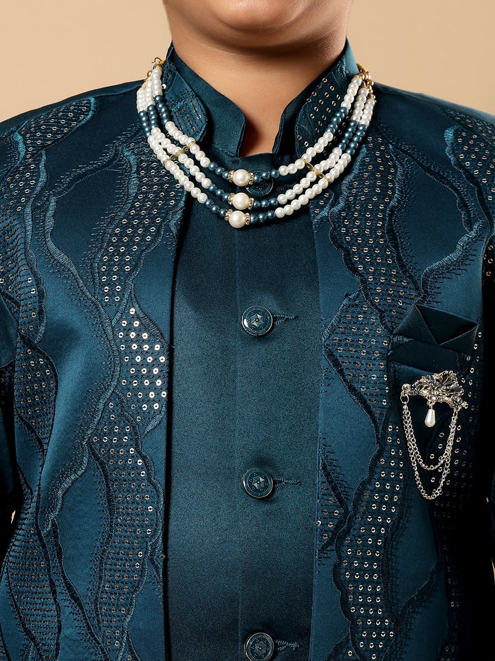 Boys Satin Wavy Embroidered Sequined Sherwani Set with Trousers, Jacket and Necklace - Teal Blue | SHOBITAM