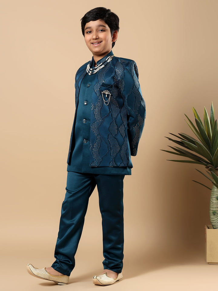 Boys Satin Wavy Embroidered Sequined Sherwani Set with Trousers, Jacket and Necklace - Teal Blue | SHOBITAM