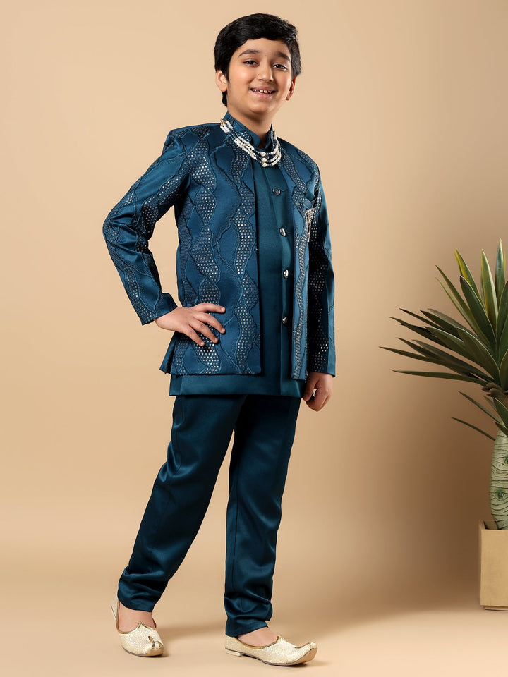 Boys Satin Wavy Embroidered Sequined Sherwani Set with Trousers, Jacket and Necklace - Teal Blue | SHOBITAM