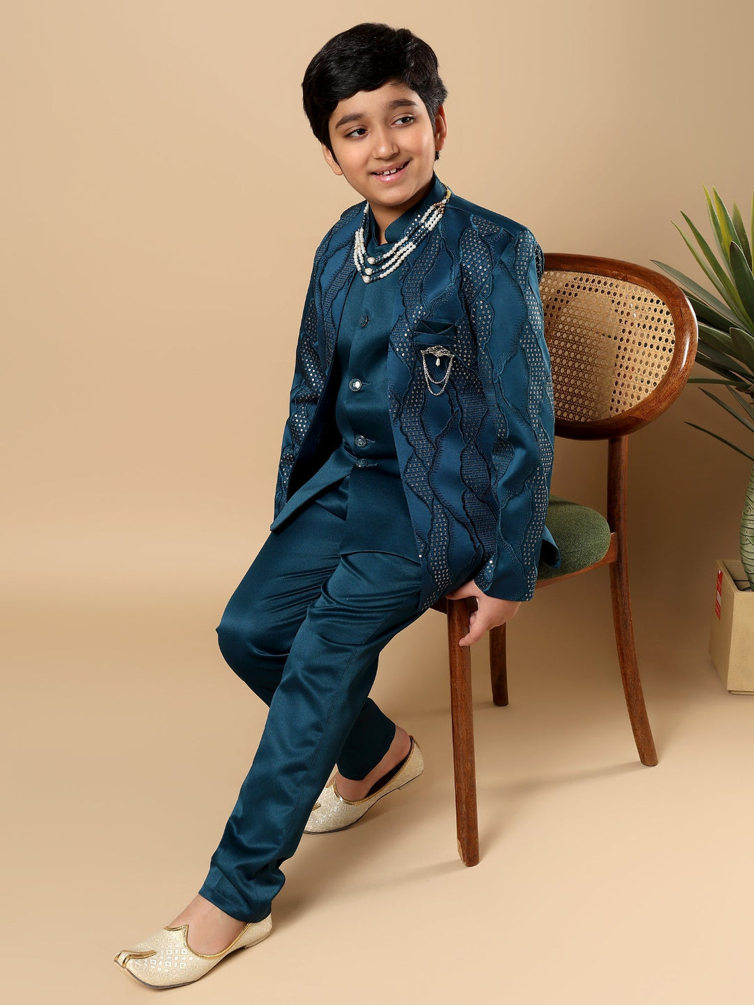 Boys Satin Wavy Embroidered Sequined Sherwani Set with Trousers, Jacket and Necklace - Teal Blue | SHOBITAM