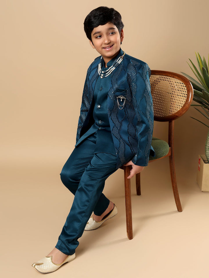 Boys Satin Wavy Embroidered Sequined Sherwani Set with Trousers, Jacket and Necklace - Teal Blue | SHOBITAM