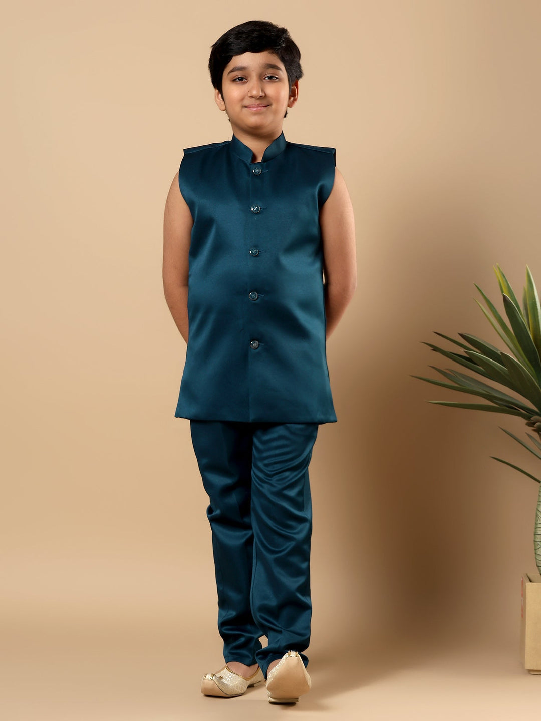Boys Satin Wavy Embroidered Sequined Sherwani Set with Trousers, Jacket and Necklace - Teal Blue | SHOBITAM