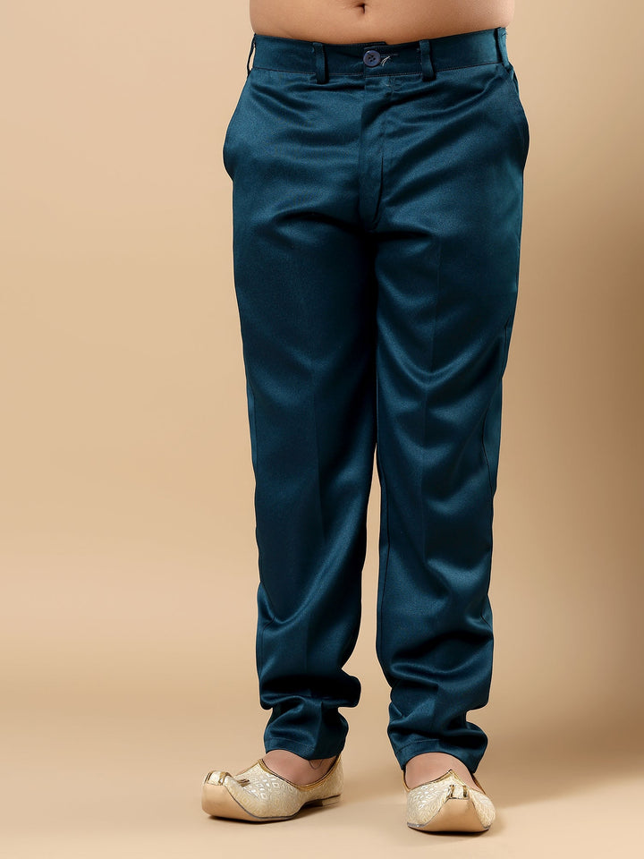 Boys Satin Wavy Embroidered Sequined Sherwani Set with Trousers, Jacket and Necklace - Teal Blue | SHOBITAM