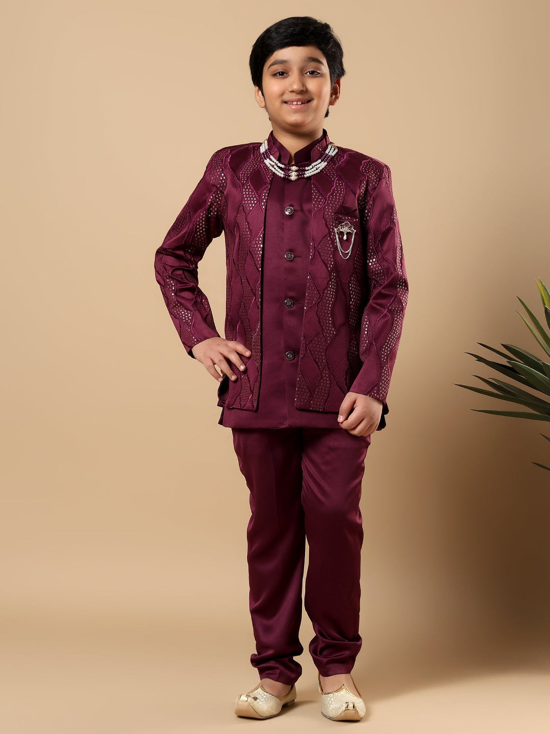 Boys Satin Wavy Embroidered Sequined Sherwani Set with Trousers, Jacket and Necklace - Burgundy | SHOBITAM