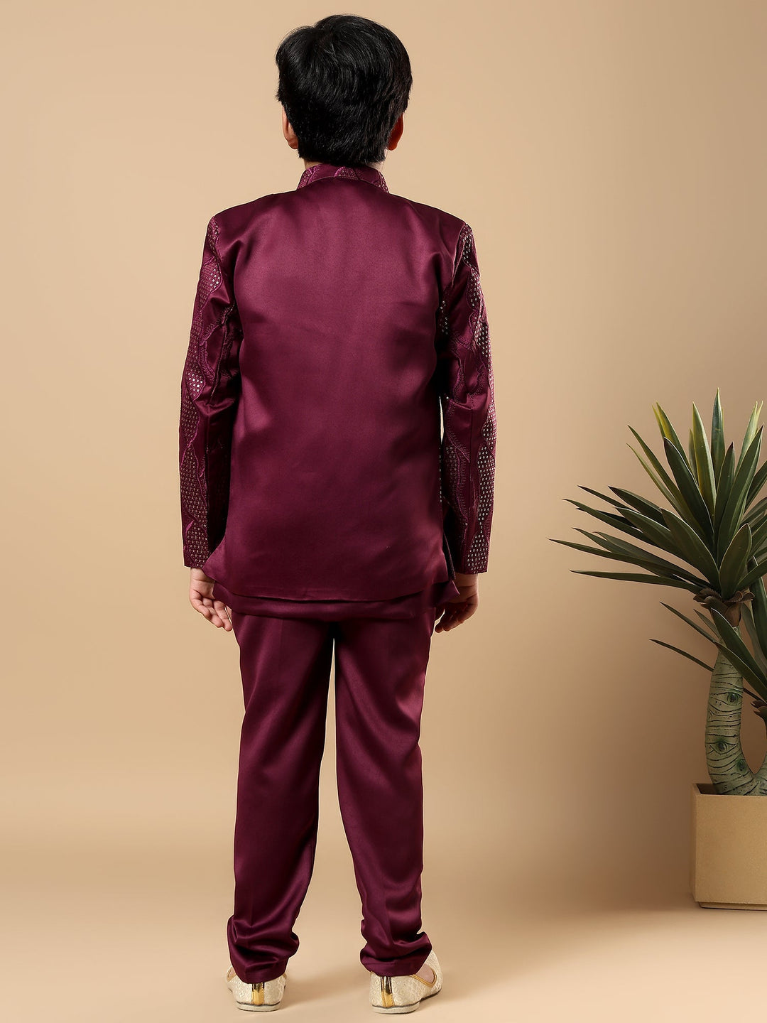 Boys Satin Wavy Embroidered Sequined Sherwani Set with Trousers, Jacket and Necklace - Burgundy | SHOBITAM